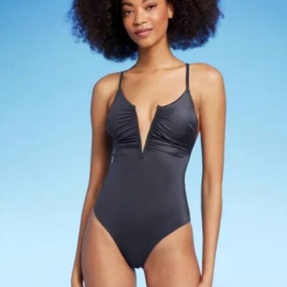 Shade & Shore Gray Shine Shirred Split Neck Tie Back One Piece Swimsuit S/M NEW